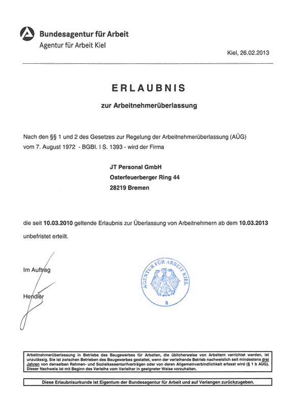 JT-Personal GmbH-Erlaubnis zur Arbeitnehmerueberlassung